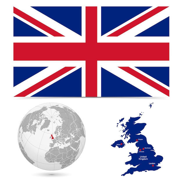 Nueva bandera detallada con mapa mundial de inglaterra