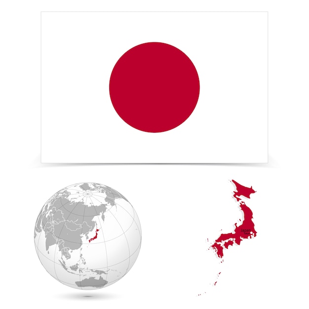 Nueva bandera detallada con mapa del mundo de Japón