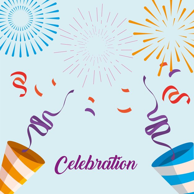 Nueva celebración feliz con fuegos artificiales y decoración de confeti