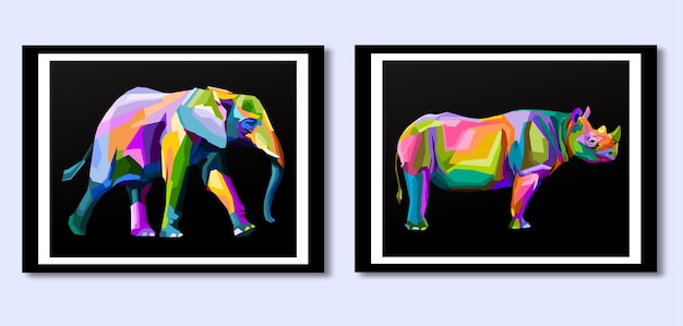 Nueva colección retrato de arte pop de elefante y rinoceronte en marco listo para imprimir