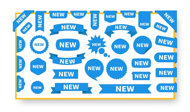 Nueva etiqueta de conjunto de plantillas de etiquetas. etiqueta plana azul con texto nuevo.