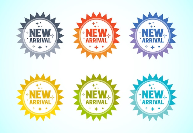Nueva etiqueta de llegada etiqueta publicitaria etiqueta de venta y conjunto de iconos de banner