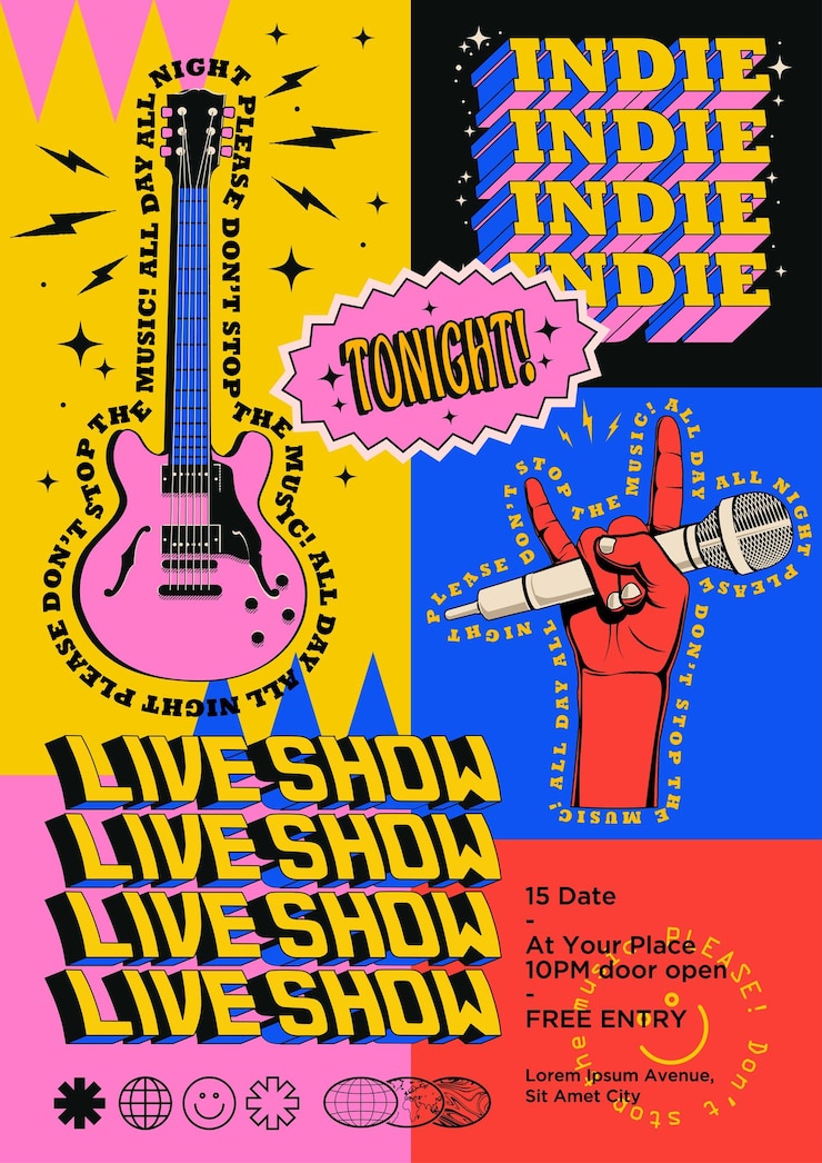 Nueva fiesta de música rock indie en vivo de estilo retro moderno o afiche de concierto o volante o invitación a un evento