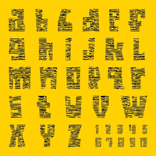 Nueva fuente con grietas. Alfabeto de moda, letras vectoriales negras sobre un fondo amarillo, minúsculas.