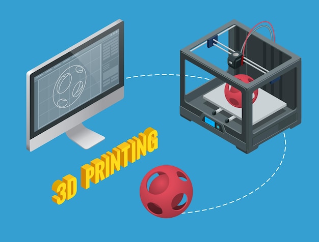 Nueva generación de máquinas de impresión 3d que imprimen un modelo de plástico. ilustración isométrica vectorial