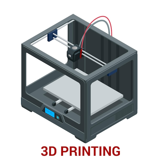Vector nueva generación de máquinas de impresión 3d que imprimen un modelo de plástico. ilustración isométrica vectorial