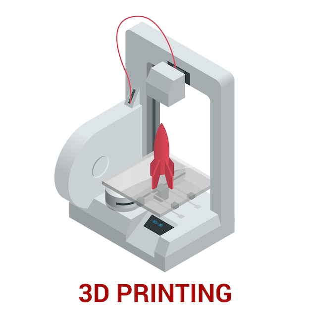 Vector nueva generación de máquinas de impresión 3d que imprimen un modelo de plástico. ilustración isométrica vectorial