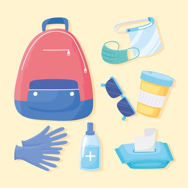 Nueva higiene de viaje normal bolsa guantes medicina máscara iconos ilustración