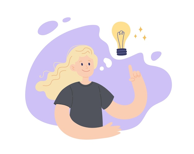 Vector nueva idea concepto de bombilla mujer joven positiva con lámpara por encima de su cabeza solución de innovación ilustración vectorial de dibujos animados plana