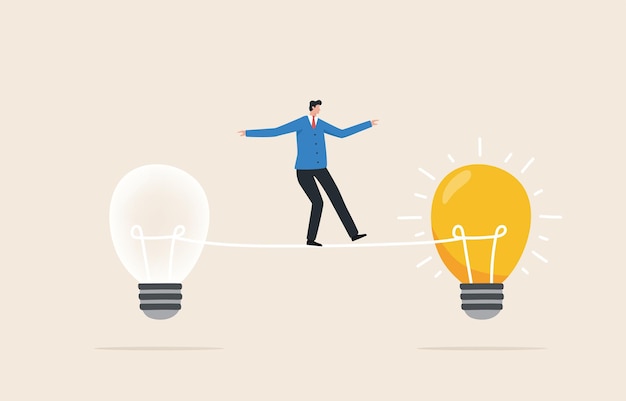 Nueva idea Innovación y solución Entrar en nuevos desafíos Creatividad en la resolución de problemas Los empresarios caminan hacia nuevas bombillas
