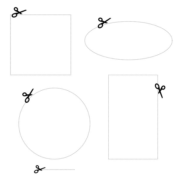 Una nueva ilustración de cupón cortado con línea discontinuada y tijeras de diferentes formas en blanco