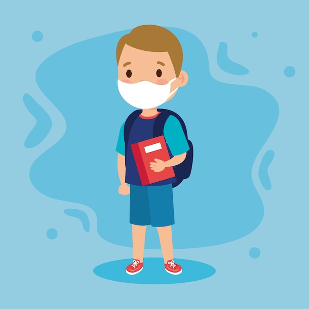 Vector nueva ilustración escolar normal de niña con bolsa de máscara y libro