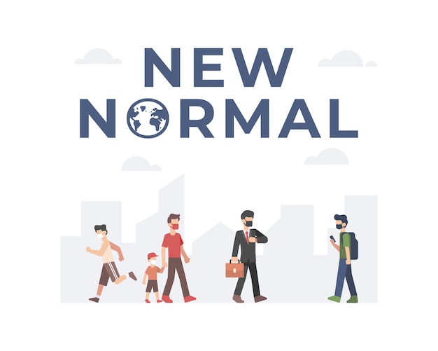 Nueva ilustración normal con personas que regresan al trabajo y realizan actividades mientras siguen practicando protocolos de seguridad y salud al usar una máscara facial y hacer distancia social con el fondo de la ciudad