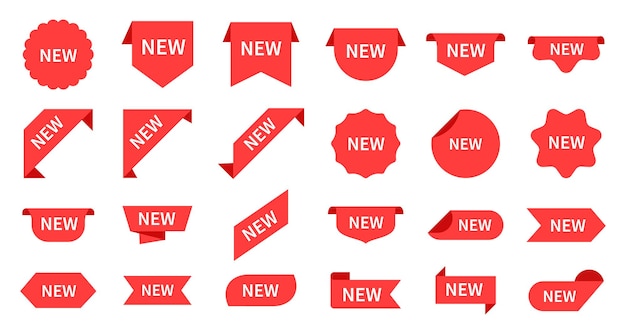Nueva llegada. Etiquetas de productos rojos, mensajes minoristas. Etiqueta de producto, cartel de promoción de tienda. Forma de círculo y esquinas para conjunto de pegatinas de vector de mercancías. Tienda de productos, promoción nueva ilustración de etiqueta minorista.