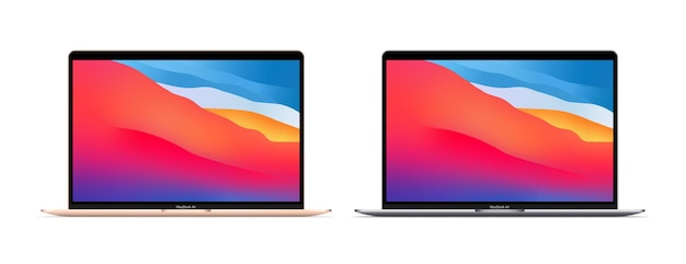 Nueva maqueta de MacBook Air. Mac Book dorado y plateado. Procesador M1. Interfaz de usuario UI UX blanca. Zaporizhzhia, Ucrania - 18 de octubre de 2021