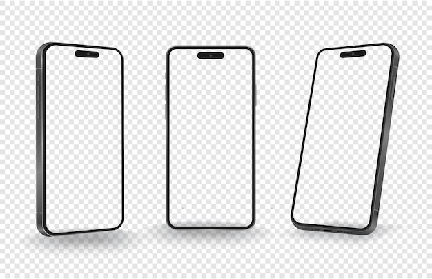 Nueva maqueta de teléfono inteligente con vista de ángulo diferente en pantalla en blanco transparente