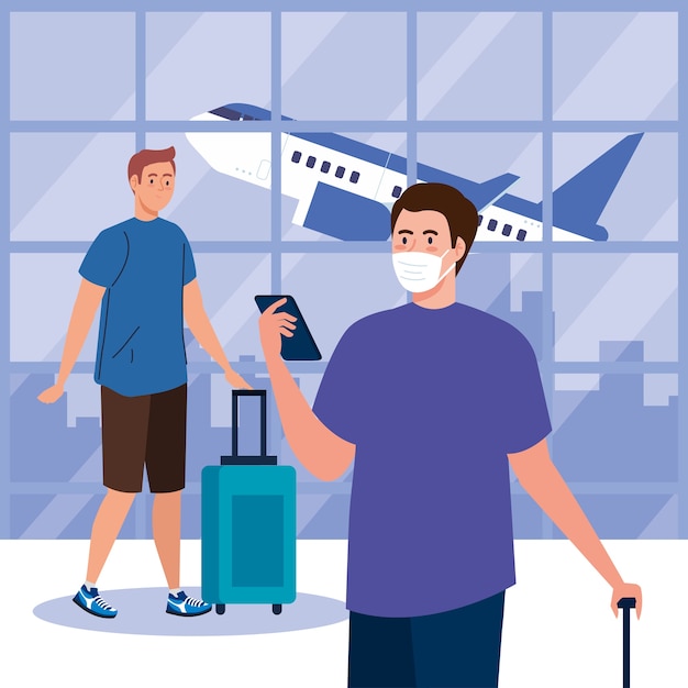 Nueva normalidad de hombres con máscara, teléfono inteligente y bolsos en el aeropuerto, diseño del virus covid 19 y tema de viajes