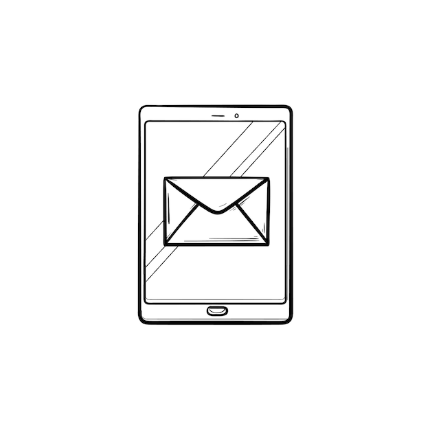 Nueva notificación por correo electrónico en el icono de doodle de contorno dibujado de mano de teléfono móvil. mensaje de correo electrónico rojo, concepto de bandeja de entrada