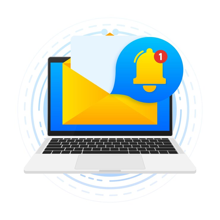 Vector nueva notificación en la pantalla de la computadora portátil computadora portátil con campana de notificación notificación no leída mensaje de burbuja notificaciones de problemas de spam de mensajería ilustración vectorial
