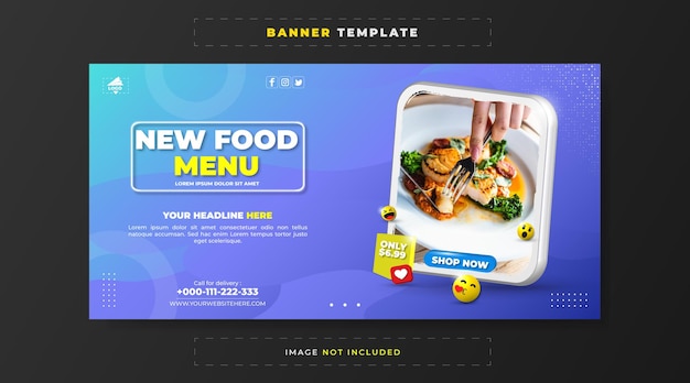 Nueva plantilla de banner de venta de promoción de menú de comida con formas 3d