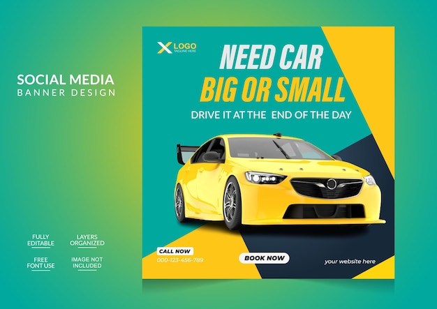 Nueva plantilla de diseño de banner de publicación de redes sociales promocional de alquiler de autos