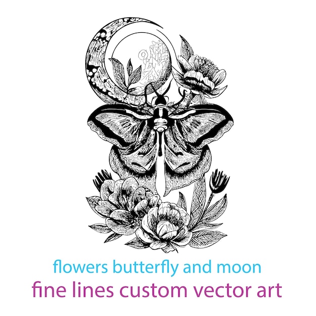 Nuevas flores mariposas y líneas finas de la luna ilustración de diseño de arte vectorial personalizado