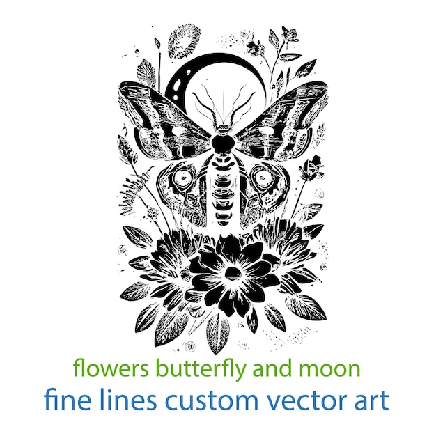 Nuevas flores mariposas y líneas finas de la luna ilustración de diseño de arte vectorial personalizado