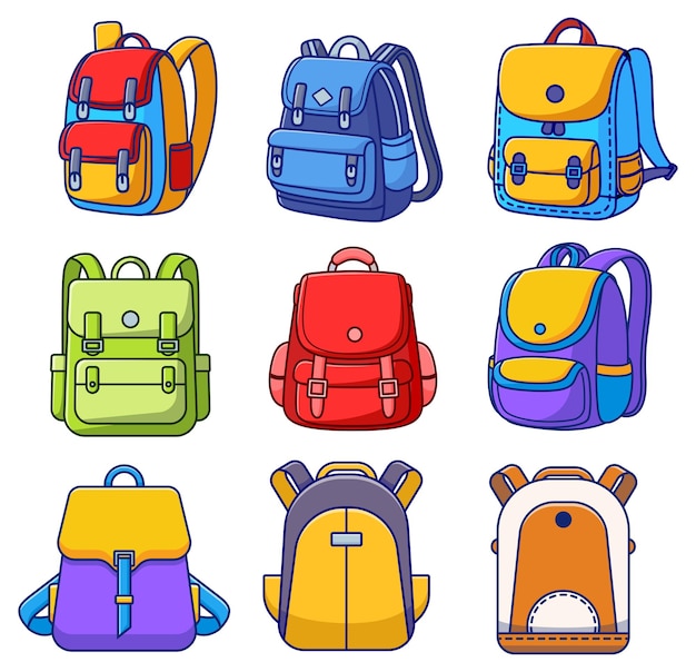 Nueve coloridas mochilas de dibujos animados perfectas para diseños educativos y escolares