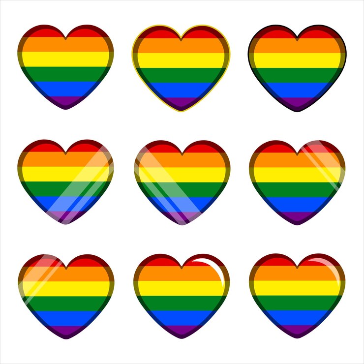 Nueve corazones brillantes con rayas de arco iris dispuestos en blanco que simbolizan el orgullo y la unidad LGBTQ en un vector