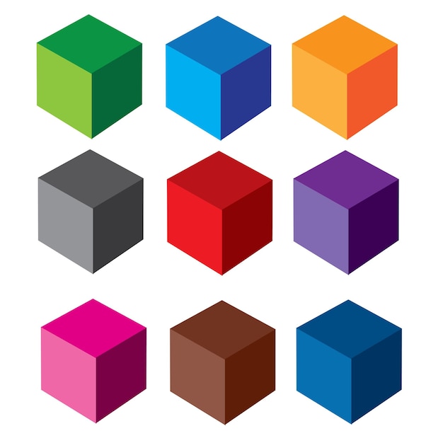 Vector nueve cubos de colores con degradados para el diseño de empaque de iconos de juegos o ilustración de cubo de logotipo aislado