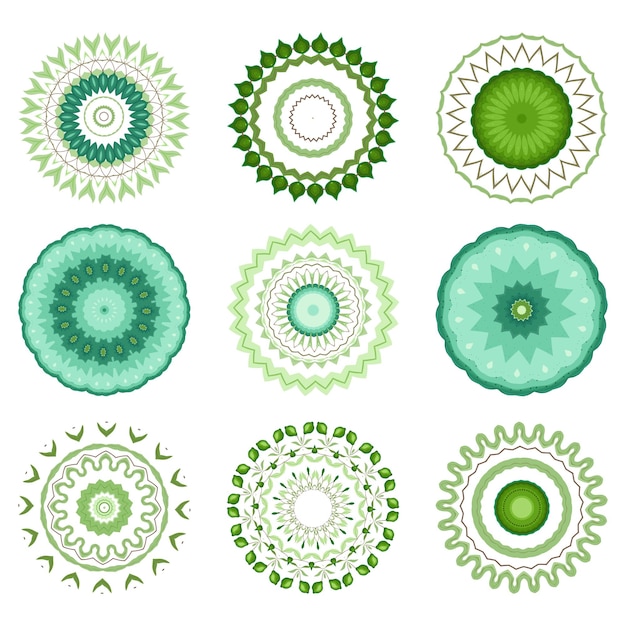 Nueve diseños circulares en una paleta verde y turquesa sobre un fondo blanco