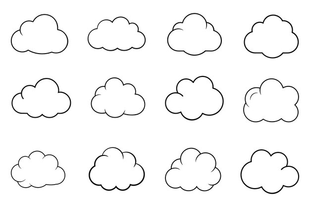 Nueve formas diferentes de nubes de dibujos animados para plantillas de diseño