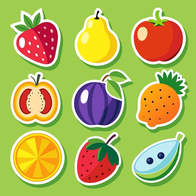 Nueve frutas al estilo de las pegatinas, incluida una fresa, una pera, un tomate, una manzana, una ciruela, una naranja y un kiwi.