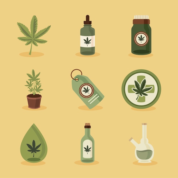 Vector nueve íconos de cannabis medicinal