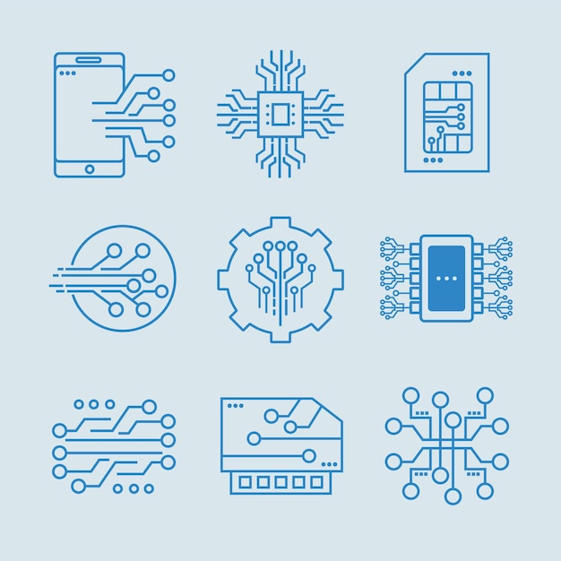 Vector nueve iconos de circuitos electrónicos