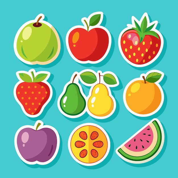 Nueve iconos coloridos de pegatinas de frutas sobre un fondo azul