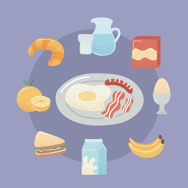 Nueve iconos de comida de desayuno