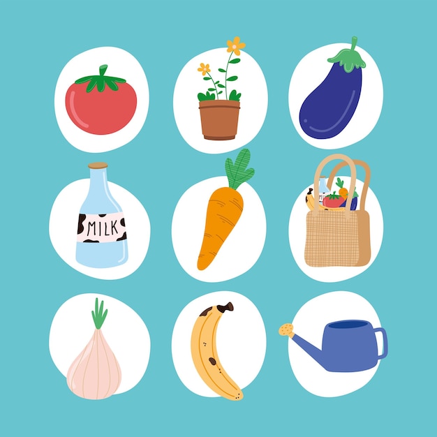 Nueve iconos de conjunto de estilo de vida verde