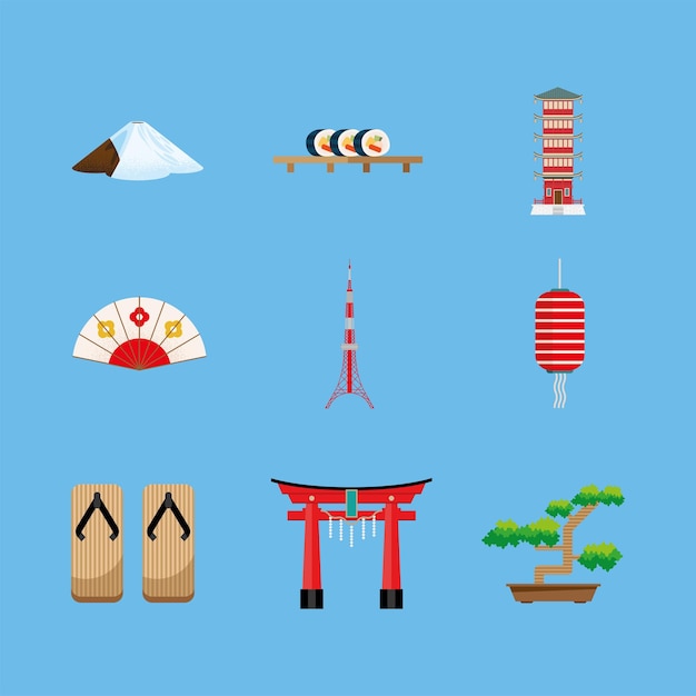 Vector nueve iconos de la cultura japonesa