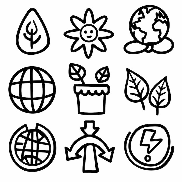 Nueve iconos dibujados a mano que representan conceptos de naturaleza y medio ambiente perfectos para marcas ecológicas o recursos educativos