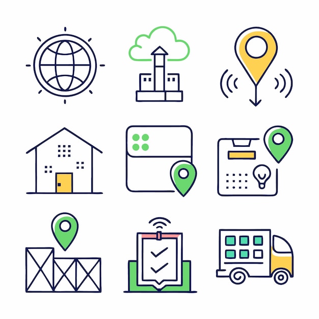 Nueve iconos dibujados a mano que representan la entrega de ubicaciones y conceptos relacionados con Internet
