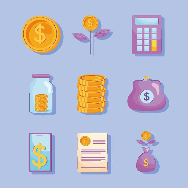 Nueve iconos de dólares de dinero