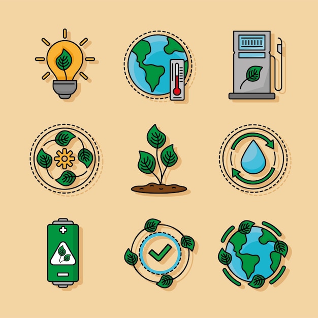 Vector nueve iconos de ecología