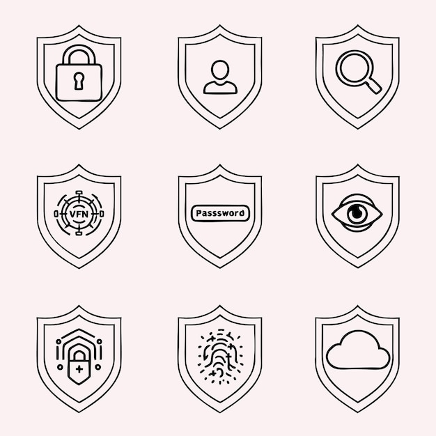 Nueve iconos de escudo de contorno que representan varias medidas de ciberseguridad