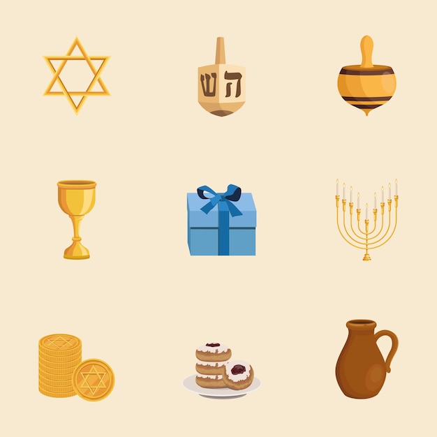 Nueve iconos de feliz hanukkah