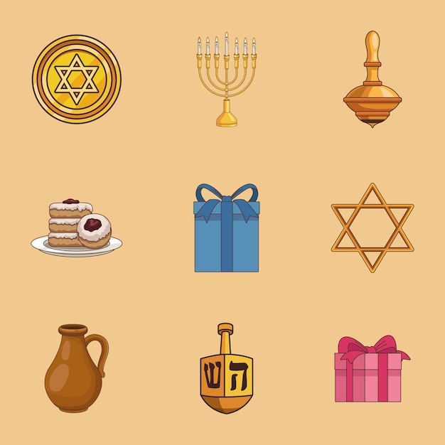 Vector nueve iconos de feliz hanukkah