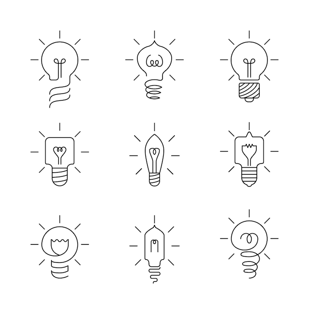 Nueve iconos de línea de lámpara establecidos simples, mínimos y limpios utilizados para el símbolo y signo del icono del logotipo