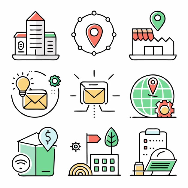 Nueve iconos de línea que representan conceptos de negocio como la entrega de ubicación y la comunicación