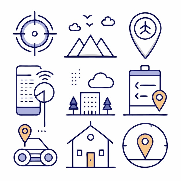 Nueve iconos de ubicación dibujados a mano con GPS ciudad objetivo casa de automóviles e iconos de navegación