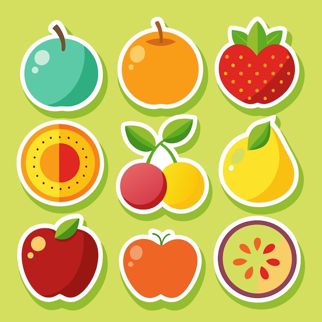 Nueve ilustraciones de estilo pegatina de varias frutas, incluida una manzana, un naranja, un kiwi, una cereza y un limón sobre un fondo verde
